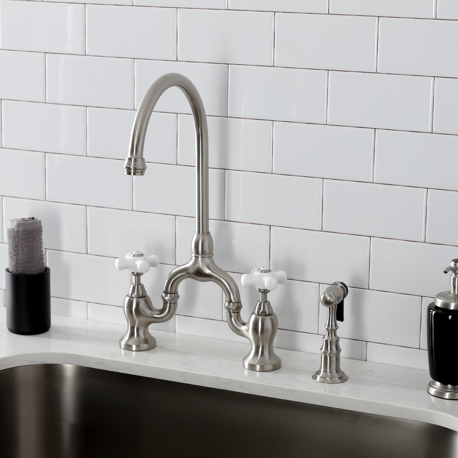 Kingston Heirloom KS7798PXBS - English Country Two-Handle 3-Hole Deck Mount Bridge Kitchen Faucet with Brass Sprayer, Brushed Nickel — thumbnail 2